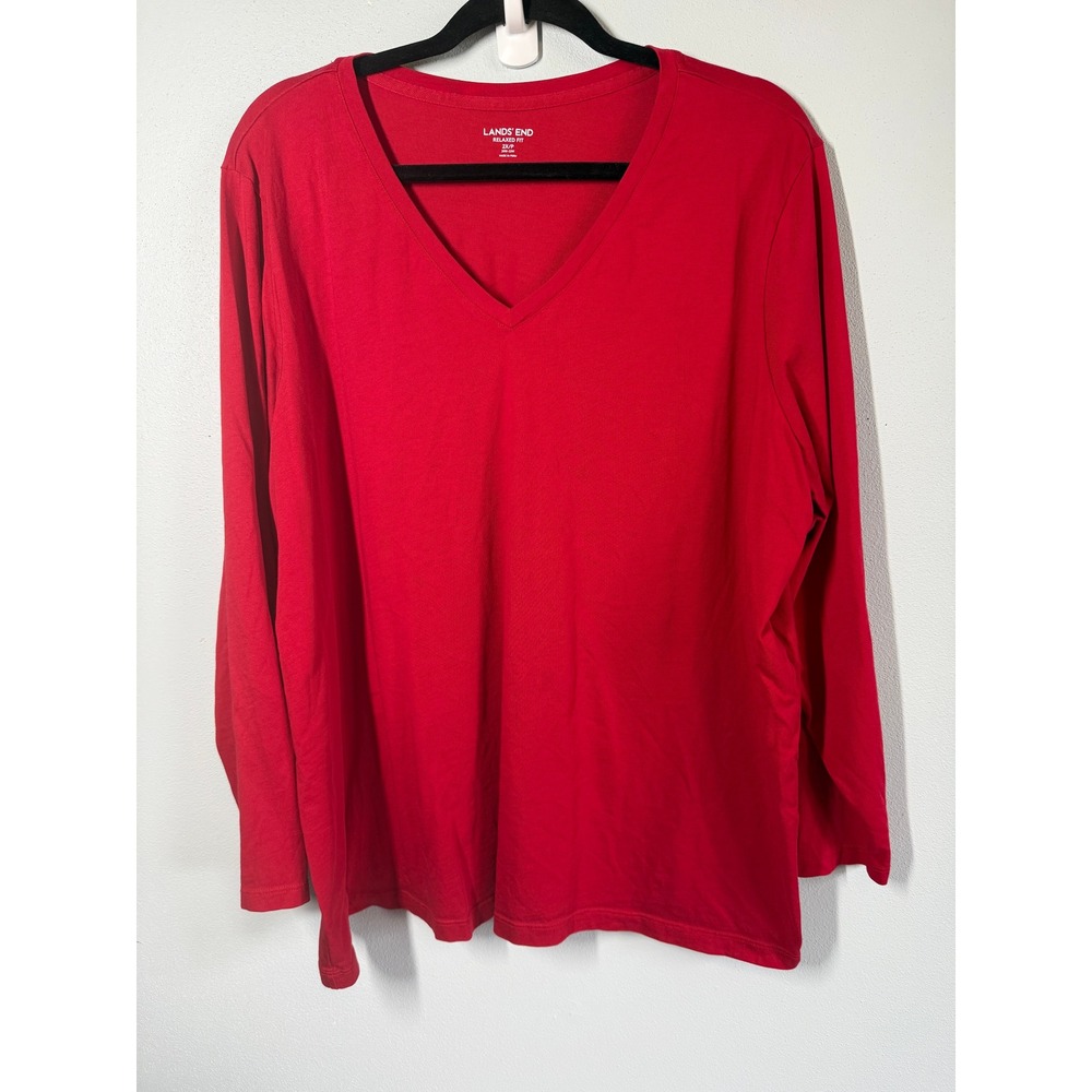 Lands End Womens Supima Top 2X Red V-Neck Relaxed Fit Long Sleeve Basic Layering